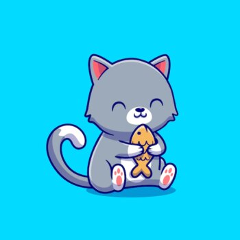 Free Vector | Cute cat holding fish cartoon icon illustration. animal food icon concept isolated  . flat cartoon style