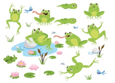 Free Vector | Cute frog cartoon characters illustrations set