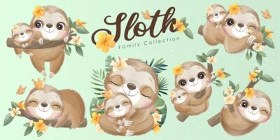 Free Vector | Cute little sloth with watercolor illustration set