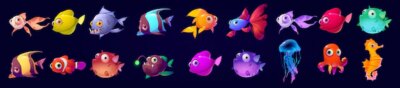 Free Vector | Cute underwater animals fish seahorse jellyfish and octopus vector cartoon set of aquarium characters funny marine creatures puffer fish isolated on black background