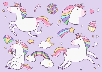 Free Vector | Cute unicorns with magic element stickers vector