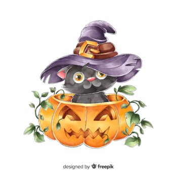 Free Vector | Cute watercolor halloween black cat with witch hat