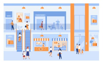 Free Vector | Department store interior with customers. people shopping in city mall, walking through building halls past windows, carrying bags. for market, sale, discount s.