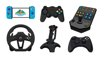 Free Vector | Different consoles for video games vector illustrations set. designs for gamepads, joysticks, devices for gamers, gadgets for playing and controlling digital games. technology, gaming concept