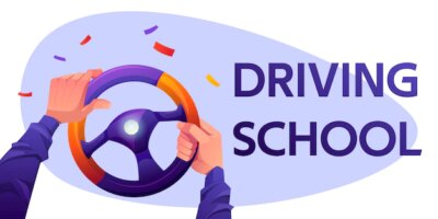 Free Vector | Driving school banner with driver hands on car steering wheel and confetti falling