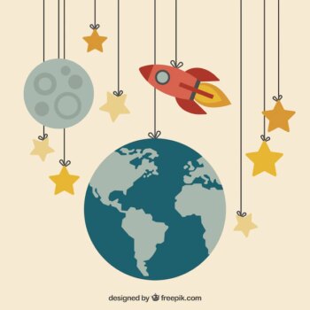 Free Vector | Earth, moon and a rocket hanging on the ropes