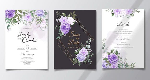 Free Vector | Elegant set of wedding invitation cards with beautiful purple floral