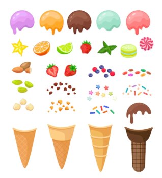 Free Vector | Elements for creating your own ice cream. chocolate, strawberry, vanilla, mint scoops of ice-cream with fruits and berries, cookie crumbs, sprinkles cartoon illustration set. summer, sundae concept