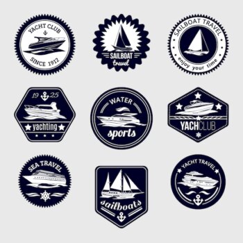 Free Vector | Elite world water sport yacht club sailboat sea travel design labels set black icons isolated vector illustration