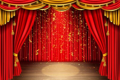 Free Vector | Empty stage with red curtain and falling confetti