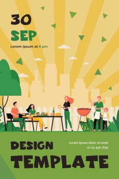 Free Vector | Family barbecue party on backyard. people grilling food in park or garden, sitting at table and eating. flyer template