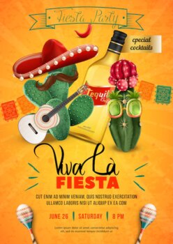 Free Vector | Fiesta party poster template with mexican sombrero guitar and moustache
