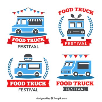 Free Vector | Flat food truck logos with ribbons