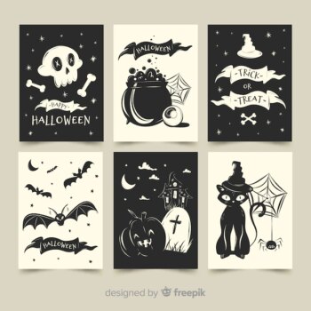 Free Vector | Flat halloween card collection in black and white