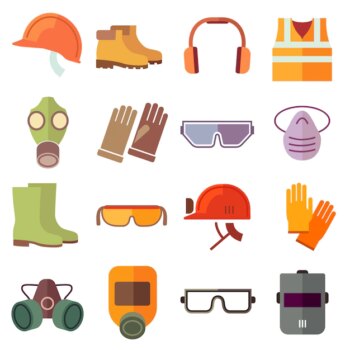 Free Vector | Flat job safety equipment vector icons set. safety icon, helmet equipment, job industrial, safety headgear and protection boot illustration