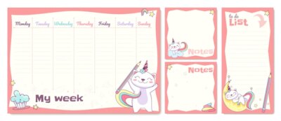 Free Vector | Flat school timetable schedule for kids with with cute unicorn cat