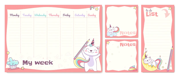 Free Vector | Flat school timetable schedule for kids with with cute unicorn cat