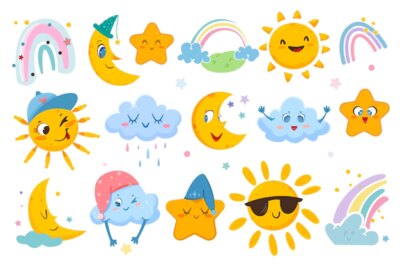 Free Vector | Flat weather set with cute sun moon clouds starts and rainbow