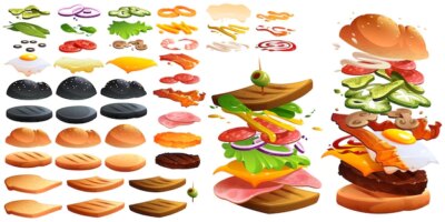 Free Vector | Flying burger and sandwich and ingredients