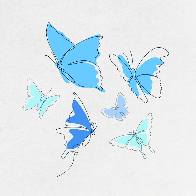 Free Vector | Flying butterfly sticker, blue line art vector animal illustration set