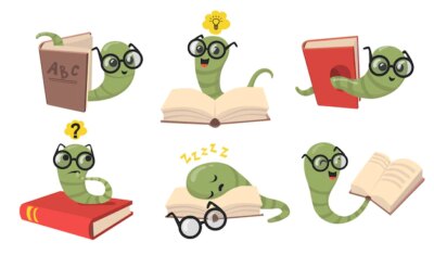 Free Vector | Funny bookworms flat item set. cartoon library worms in eyeglasses reading book, sleeping and smiling isolated vector illustration collection. animals and insects concept