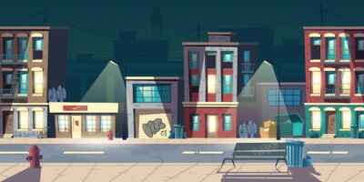 Free Vector | Ghetto street at night, slum houses, old buildings with glow windows and graffiti on walls. dilapidated dwellings stand on roadside with lamps, fire hydrants, litter bins cartoon vector illustration