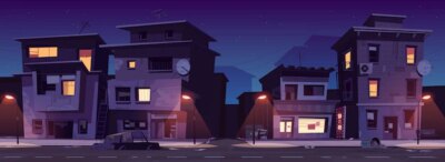 Free Vector | Ghetto street at night, slum ruined abandoned old buildings with glowing windows. dilapidated dwellings stand on roadside with street lamps, car body and scatter litter cartoon vector illustration