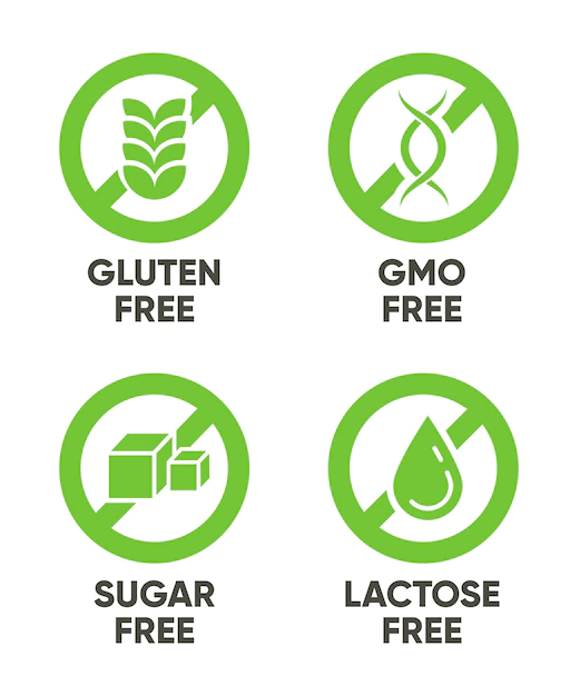 Free Vector | Gluten, gmo, sugar, lactose free signs. set of green symbols with text for allergy, healthy food, natural organic products . vector illustrations isolated on white background