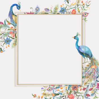 Free Vector | Gold frame with watercolor flower and peacock illustration
