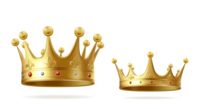 Free Vector | Golden crowns with gems for king or queen set isolated on white background.