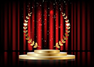 Free Vector | Golden laurel wreath over red round podium with steps in front of the curtains