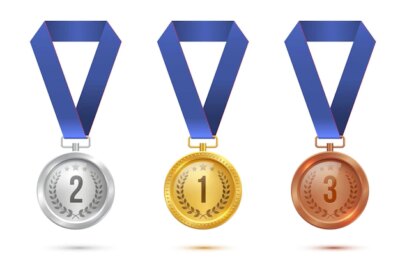 Free Vector | Golden silver and bronze blank medals hanging on blue ribbons isolated on white background