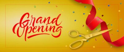 Free Vector | Grand opening festive banner with frame, confetti and gold scissors
