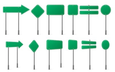 Free Vector | Green road signs different shapes on metal post front and angle view