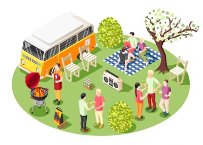 Free Vector | Grill bbq party isometric composition with group of people having barbecue tailgate party outdoors near minivan