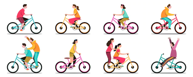 Free Vector | Groups of children ride bicycles in a park having fun during the school holidays. flat vector illustration design