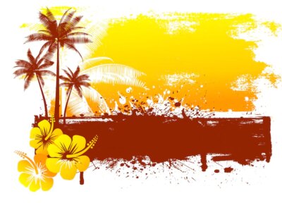 Free Vector | Grunge summer background with hibiscus flowers and palm trees