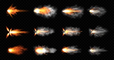 Free Vector | Gun flashes with smoke and fire sparkles. pistol shots clouds, muzzle shotgun explosion. blast motion, weapon bullets trails isolated on black background. realistic 3d illustration, icons set