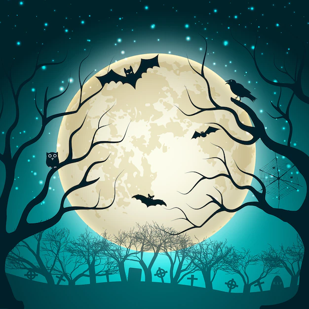 Free Vector | Halloween illustration with big glowing moon ball on night sparkle sky and bats in magic forest flat