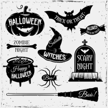 Free Vector | Halloween monochrome vintage element set with quotes