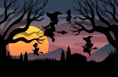 Free Vector | Halloween night background with witches silhouette