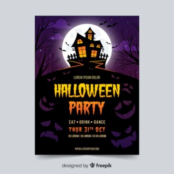 Free Vector | Halloween party poster template with haunted house
