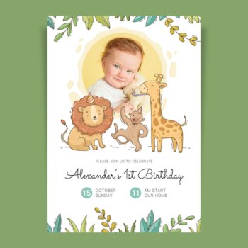 Free Vector | Hand drawn animals birthday invitation template with photo