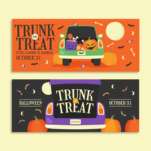 Free Vector | Hand drawn flat trunk or treat banners set