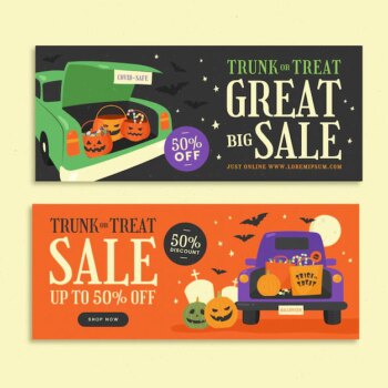 Free Vector | Hand drawn flat trunk or treat sale banners set
