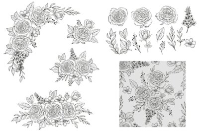 Free Vector | Hand drawn line art rose arrangement isolated and seamless pattern