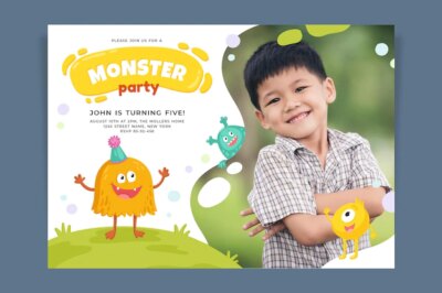 Free Vector | Hand drawn monster birthday invitation template with photo