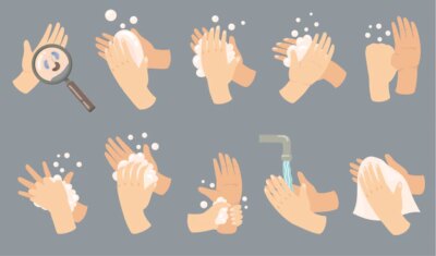 Free Vector | Hand hygiene guide set. steps of arm washing process, wrists with soap, foam, tap with flowing water, drying with towel.