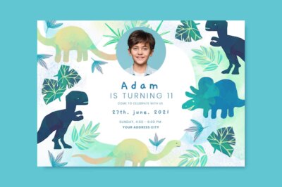 Free Vector | Hand painted watercolor dinosaur birthday invitation template with photo