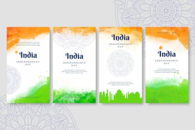 Free Vector | Hand painted watercolor india independence day instagram stories collection